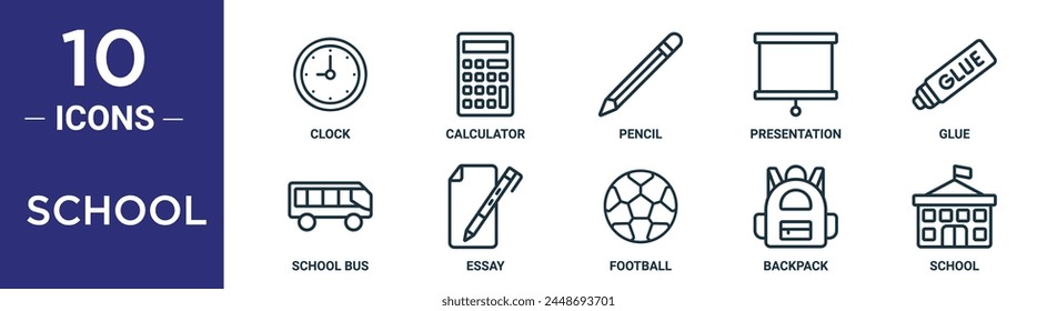 school outline icon set includes thin line clock, calculator, pencil, presentation, glue, school bus, essay icons for report, presentation, diagram, web design