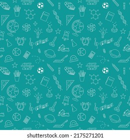 School outline pattern. Hand drawn doodle elements. School seamless green background as chalkboard. Vector illustration.