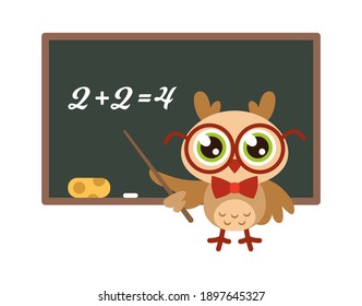 School owl near blackboard. Cute bird with glasses teaching mathematics, funny joyful bird teacher, knowledge and learning mascot, wisdom symbol child print isolated on white background illustration