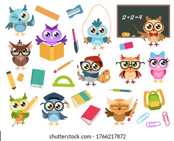 School owls. Color cute birds studying in school and teacher in glasses, owl with books and stationery. Teaching education cartoon vector characters. Elementary or preschool collection