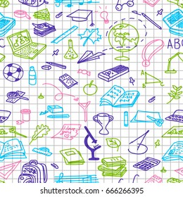 school pack. education. colored silhouettes. sketch seamless pattern. eraser, globe, glue, goggles, graduate, laptop, leaves pen pencil