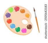 School paint palette. Box watercolor paints and brush. Creative tools for drawing, painting. Vector illustration isolated on a white background.