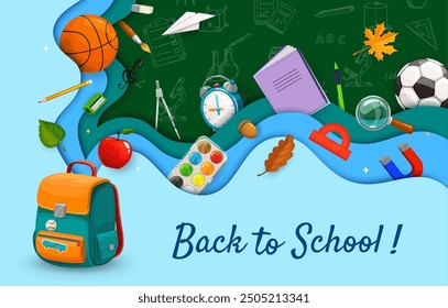 School paper cut banner with chalkboard and stationery or education supplies, vector background. Back to school banner with student school bag, pens and pencils with watercolors and ruler in paper cut