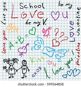 School paper with funny romantic doodles, signs and emoji set