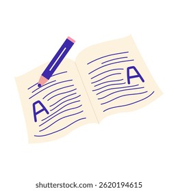 School paper notebook in flat design. Pen writing homework at open pages. Vector illustration isolated.