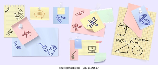 School paper notes set isolated on background. Vector realistic illustration of notebook sheets, ripped stickers with science doodles, math formula, chemistry icons, education collage design elements