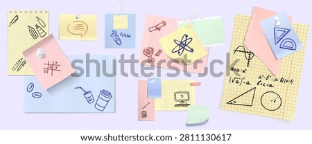 School paper notes set isolated on background. Vector realistic illustration of notebook sheets, ripped stickers with science doodles, math formula, chemistry icons, education collage design elements