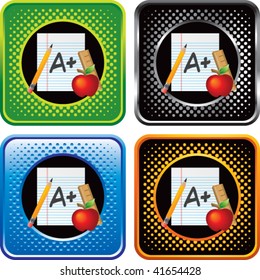 school paper and supplies on multicolored halftone web button