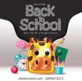 School papercut vector poster design. Welcome back to school greeting text with 3d backpack , alarm clock, apple, notebook, pencil case and speech bubble element for school. Vector illustration.