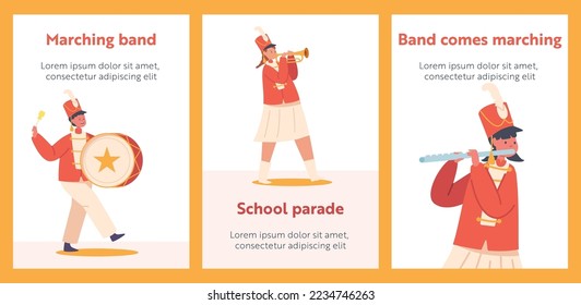 Schulparade Cartoon Banner. Kinderband in roter Uniform Marching mit Instrumenten. Happy Girls and Boys spielen Festival Musik mit Drum, Brass Horn, Flute und Tuba, Kinder März. Vektorgrafiken