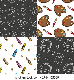 School pattern background. Back to school wallpaper. Education doodle design. Fun study supplies element texture. Creative school science pattern. Student autumn calender paper. Vector illustration.