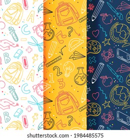 School pattern background. Back to school wallpaper. Education doodle design. Fun study supplies element texture. Creative school science pattern. Student autumn calender paper. Vector illustration.