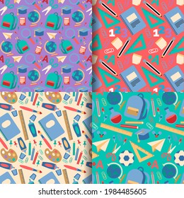School pattern background. Back to school wallpaper. Education doodle design. Fun study supplies element texture. Creative school science pattern. Student autumn calender paper. Vector illustration.