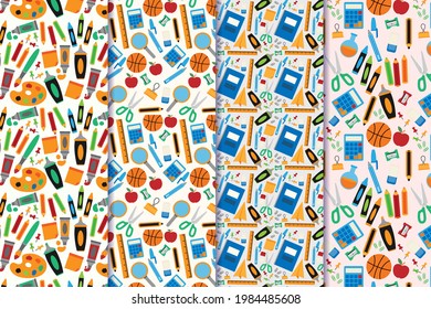 School pattern background. Back to school wallpaper. Education doodle design. Fun study supplies element texture. Creative school science pattern. Student autumn calender paper. Vector illustration.