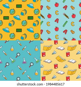 School pattern background. Back to school wallpaper. Education doodle design. Fun study supplies element texture. Creative school science pattern. Student autumn calender paper. Vector illustration.