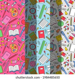 School pattern background. Back to school wallpaper. Education doodle design. Fun study supplies element texture. Creative school science pattern. Student autumn calender paper. Vector illustration.