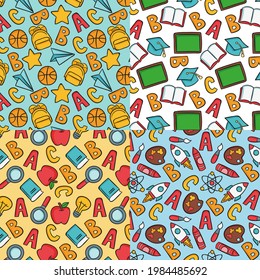 School pattern background. Back to school wallpaper. Education doodle design. Fun study supplies element texture. Creative school science pattern. Student autumn calender paper. Vector illustration.