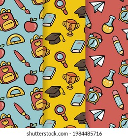 School pattern background. Back to school wallpaper. Education doodle design. Fun study supplies element texture. Creative school science pattern. Student autumn calender paper. Vector illustration.