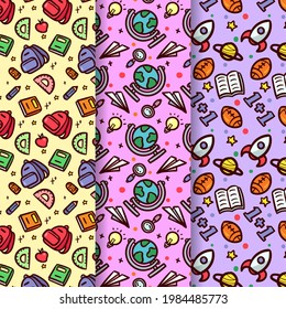 School pattern background. Back to school wallpaper. Education doodle design. Fun study supplies element texture. Creative school science pattern. Student autumn calender paper. Vector illustration.