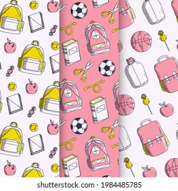 School pattern background. Back to school wallpaper. Education doodle design. Fun study supplies element texture. Creative school science pattern. Student autumn calender paper. Vector illustration.