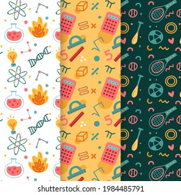 School pattern background. Back to school wallpaper. Education doodle design. Fun study supplies element texture. Creative school science pattern. Student autumn calender paper. Vector illustration.