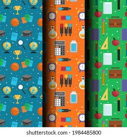School pattern background. Back to school wallpaper. Education doodle design. Fun study supplies element texture. Creative school science pattern. Student autumn calender paper. Vector illustration.