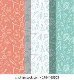 School pattern background. Back to school wallpaper. Education doodle design. Fun study supplies element texture. Creative school science pattern. Student autumn calender paper. Vector illustration.