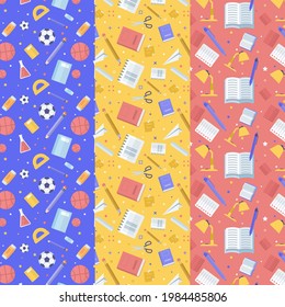 School pattern background. Back to school wallpaper. Education doodle design. Fun study supplies element texture. Creative school science pattern. Student autumn calender paper. Vector illustration.