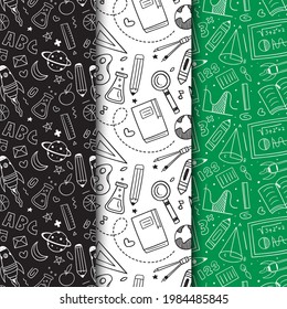 School pattern background. Back to school wallpaper. Education doodle design. Fun study supplies element texture. Creative school science pattern. Student autumn calender paper. Vector illustration.