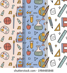 School pattern background. Back to school wallpaper. Education doodle design. Fun study supplies element texture. Creative school science pattern. Student autumn calender paper. Vector illustration.