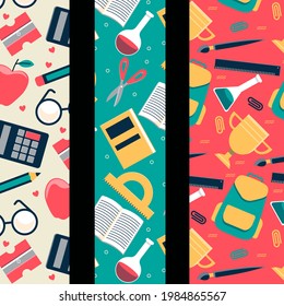 School pattern background. Back to school wallpaper. Education doodle design. Fun study supplies element texture. Creative school science pattern. Student autumn calender paper. Vector illustration.