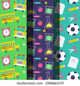 School pattern background. Back to school wallpaper. Education doodle design. Fun study supplies element texture. Creative school science pattern. Student autumn calender paper. Vector illustration.