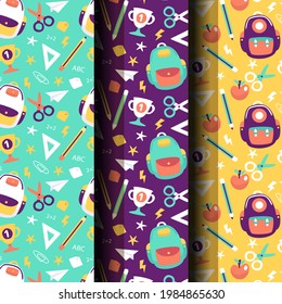 School pattern background. Back to school wallpaper. Education doodle design. Fun study supplies element texture. Creative school science pattern. Student autumn calender paper. Vector illustration.