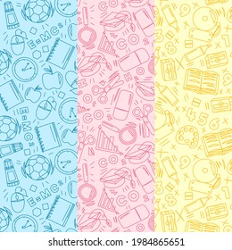 School pattern background. Back to school wallpaper. Education doodle design. Fun study supplies element texture. Creative school science pattern. Student autumn calender paper. Vector illustration.