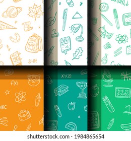 School pattern background. Back to school wallpaper. Education doodle design. Fun study supplies element texture. Creative school science pattern. Student autumn calender paper. Vector illustration.