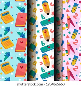 School pattern background. Back to school wallpaper. Education doodle design. Fun study supplies element texture. Creative school science pattern. Student autumn calender paper. Vector illustration.