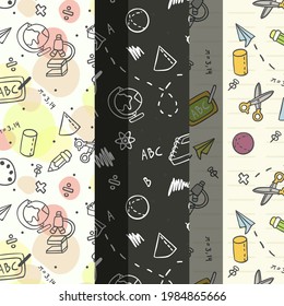 School pattern background. Back to school wallpaper. Education doodle design. Fun study supplies element texture. Creative school science pattern. Student autumn calender paper. Vector illustration.