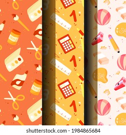 School pattern background. Back to school wallpaper. Education doodle design. Fun study supplies element texture. Creative school science pattern. Student autumn calender paper. Vector illustration.
