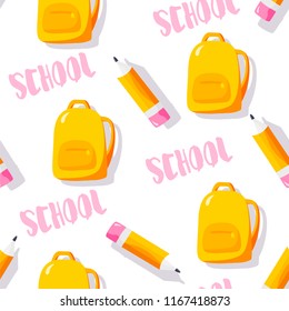 School pattern with backpack, text and pencils on white background. Vector.