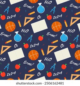 School pattern, ball, bulb, apple, ruler, compass, seamless pattern