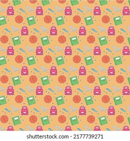 school pattern. colorful hand drawn themed design elements, objects and symbols on pink background characters, books, rolls, bags.