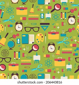 School pattern with colorful school icons on green 