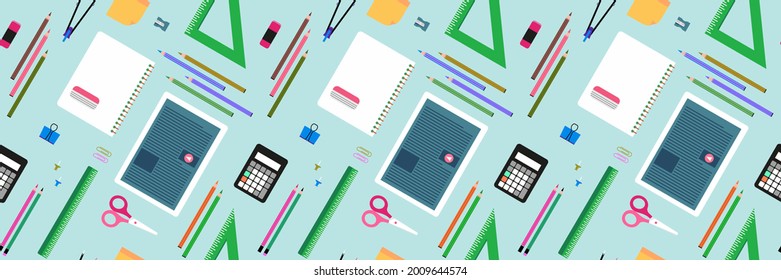 School  pattern. Education background. Back to school  seamless pattern. School supplies, objects, compasses, colored crayons, erasers, scissors, paper clips, sharpeners, ruler, glue, notebook
