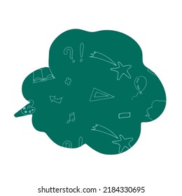 School pattern, school elements in bubble comic speech with green chalkboard, on white background. The concept of education. Vector illustration for school backpack pencil case notebook print clothes