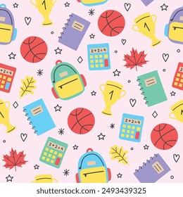 School pattern with hand drawn elements. Seamless background design. Vector illustration
