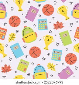 School pattern with hand drawn elements. Seamless background design. Vector illustration