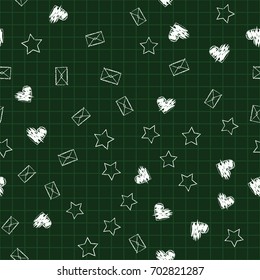 School pattern. Hearts, envelopes, stars on squared backdrop. Seamless vector blackboard background