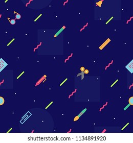 school pattern with modern colorful style school supplies such us bell, glass, ruler, pencil, pen, brush for banner, poster, party, super sale offer. vector 10 eps