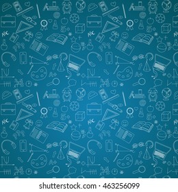 School pattern on blue chalkboard background, vector illustration.