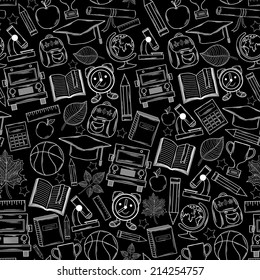 School pattern on chalk blackboard ,with:hat graduate, scroll, apple, books, flasks, basketball, alarm clock, briefcase, backpack, school bus, globe, ruler ,microscope